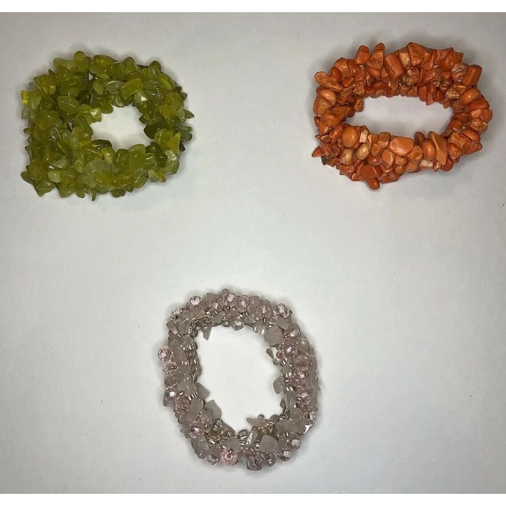 Three (3) Green Pink & Red Dyed Quartz Crystal Gemstone Chip Beaded Bracelet Lot